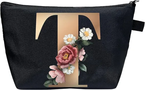 Vista 8 de CTNUOBEE Bolsa de comestic con letras del alfabeto dorado con bolsa de maquillaje de flores, bolsa de viaje portátil con cremallera, bolsa de aseo