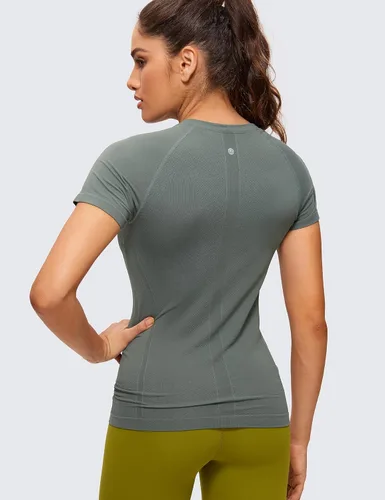 Vista 2 de CRZ YOGA Seamless Workout Tops for Women Short Sleeve Athletic Tees Breathable Gym Running Yoga Tshirts Shirts