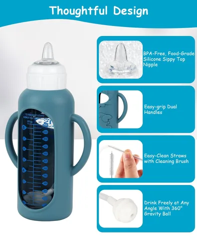 Vista 3 de Kit de conversión de taza para sorber con fundas de silicona para biberón de vidrio estrecho y estrecho Dr Browns de 8 onzas, kit de repuesto