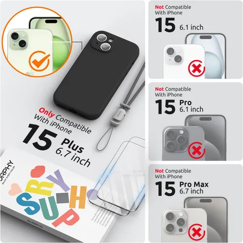Vista 2 de SURPHY Funda diseñada para iPhone 15 Plus con protector de pantalla y cordón, correa de teléfono y funda de silicona líquida para teléfono
