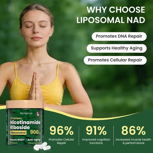 Vista 5 de Suplemento NAD+ - Ribosida liposomal de nicotinamida y resveratrol 900 mg, suplemento de resveratrol NAD para hombres y mujeres, antienvejecimiento