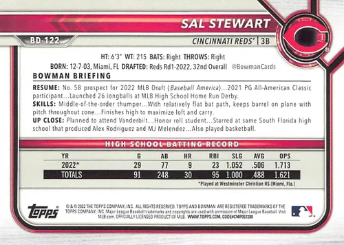 Vista 2 de 2022 Bowman Draft #BD-122 Sal Stewart