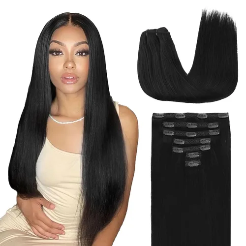 Vista 90 de Lashey Extensiones de cabello humano con clip, sin costuras, #1, color negro azabache, extensiones de cabello humano real, extensiones de cabello