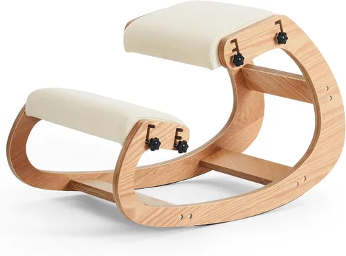 Vista 7 de Silla ergonómica, mecedora ajustable para oficina en casa, silla de rodilla de madera para aliviar el dolor de espalda, color beige