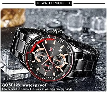 Vista 7 de MF MINI FOCUS Reloj cronógrafo de cuarzo para hombre, pulsera de eslabones de acero inoxidable, resistente al agua, luminoso