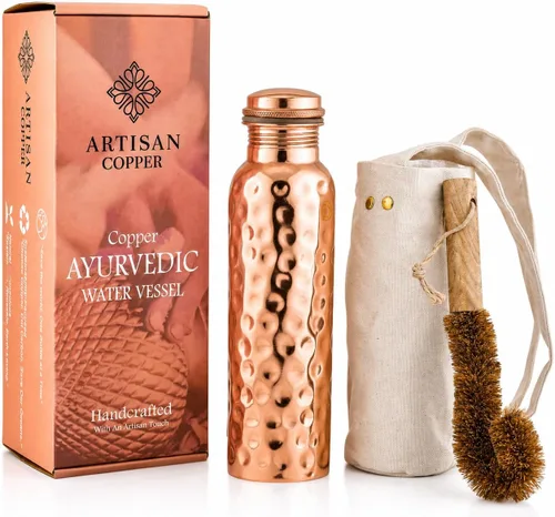 Vista 10 de Artisan - Botella de agua ayurvédica de cobre de 32 onzas, hecha a mano, 100% cobre puro, botella martillada para beber con cepillo de madera y Negro
