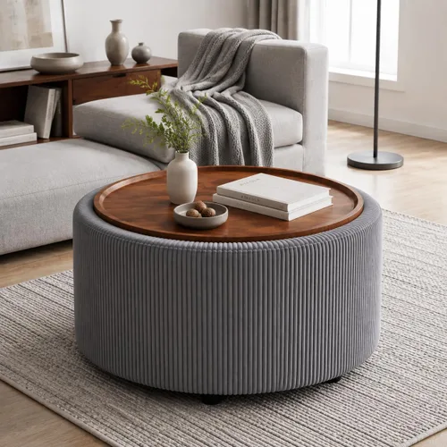 Vista 13 de Homebeez Otomana de Almacenamiento Redonda de Terciopelo de 28 Pulgadas, Taburete Reposapiés con Capitoné de Botones Mesa de Centro para Sala