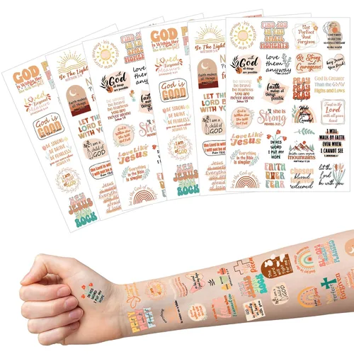 Vista 6 de Más de 150 tatuajes temporales cristianos, 6 hojas Boho Cristiano