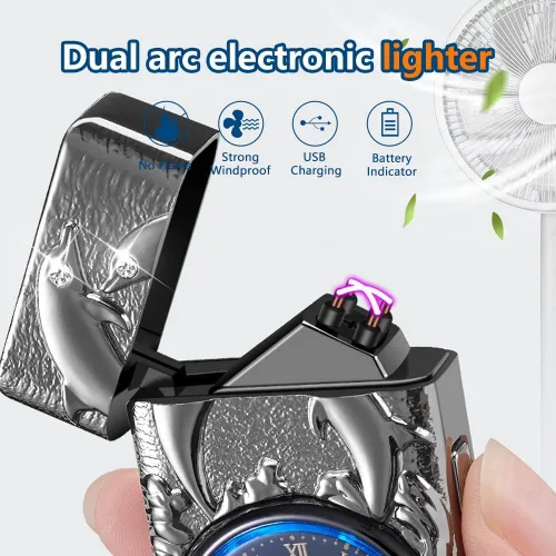 Vista 2 de GADATOP Encendedor eléctrico recargable a prueba de viento, encendedor de plasma con alivio de delfines 3D, reloj integrado con luz LED para uso