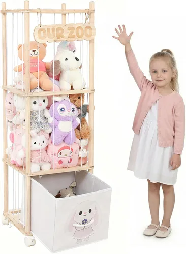 Vista 8 de Bookshelf and Toy Storage Organizer, 3-Tier Sling Book Rack with Stuffed Animal Storage and Toy Bins, Space Saving Bookcase for Bedroom, Playroom