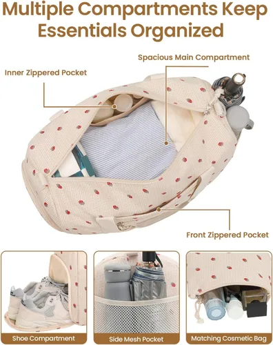 Vista 3 de Bolsa de gimnasio para mujer con compartimento para zapatos Fresa de pana beige
