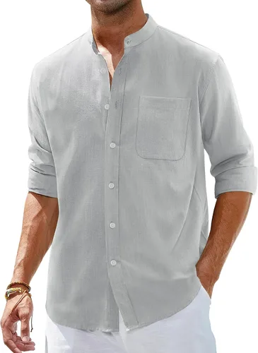 Vista 13 de Alimens & Gentle Camisas de algodón y lino para hombre, camisa de manga larga con botones, cuello de banda, camisas de playa