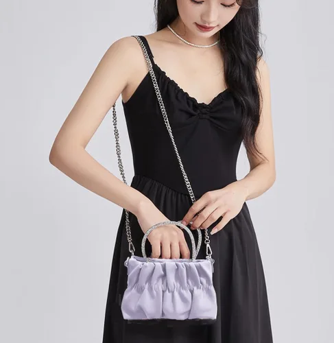 Vista 3 de Bolsos de cuero suave para mujer, bolsos de noche con diamantes de imitación de boda, elegante bolso de mano de fiesta, bolso cruzado morado, Púrpura