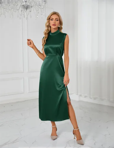 Vista 5 de CYCLAMEN Vestido largo de satén formal de verano para mujer, con cuello alto falso, sin mangas, aberturas laterales, maxi elegante vestido de cóctel