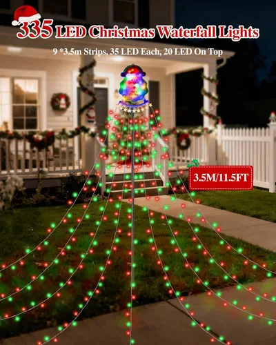 Vista 2 de Guirnalda de luces de cascada de Navidad para exteriores, luces de árbol de Navidad con 335 luces LED de 11.48 pies, 9 hebras, 8 modos