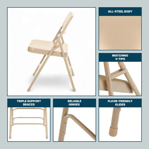 Vista 9 de OEF Furnishings Serie OEF300 Sillas Plegables de Acero Premium de Servicio Pesado, Sillas Comerciales de Metal con Triple Refuerzo y Bisagras Beige