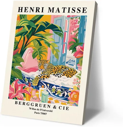 Vista 11 de Divertido perro baño pared arte Henri Matisse habitación estética retro rosa decoración Dachshund en la bañera lienzo pintura impresión obras