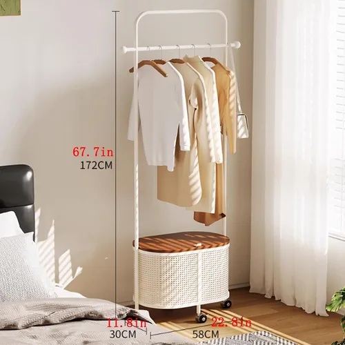 Vista 2 de Perchero giratorio de 360°, perchero de metal para ropa, con ruedas y cesta de almacenamiento de gran capacidad, perchero para colgar ropa