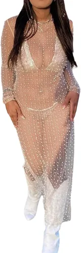 Vista 2 de Vestido de malla transparente con diamantes de imitación de perlas para mujer, cubierta de traje de baño de manga larga para playa