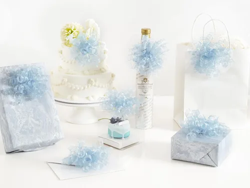 Vista 33 de HUIHUANG Lazos azules para envolver regalos, lazos de regalo azul bebé, 5 pulgadas x 8 unidades, lazo rizado autoadhesivo para regalos, bolsa