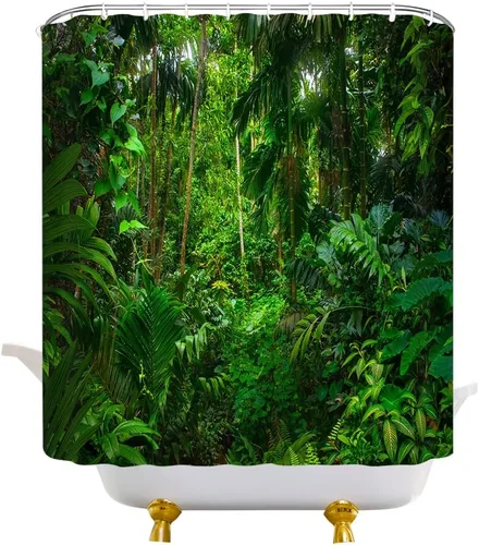 Vista 4 de Cortina de ducha de selva tropical, plantas de selva, hojas verdes, bosque, naturaleza, paisaje, cortina de decoración de baño con ganchos
