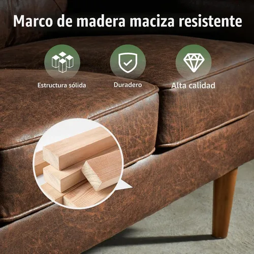 Vista 6 de ovios Sofá de lujo de 3 plazas con piel sintética, moderno sofá de mediados de siglo con cómodos reposabrazos, cómodos sofás con asiento profundo