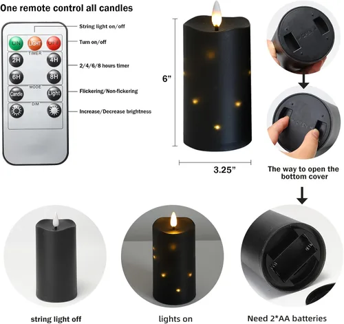 Vista 6 de Lezonic Velas Negras Sin Llama Impermeables para Exteriores con Control Remoto, 4 Piezas de Velas LED que Funcionan con Baterías con Llama