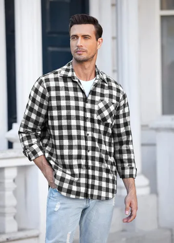 Vista 4 de COOFANDY Camisas de franela a cuadros de manga larga con botones para hombre