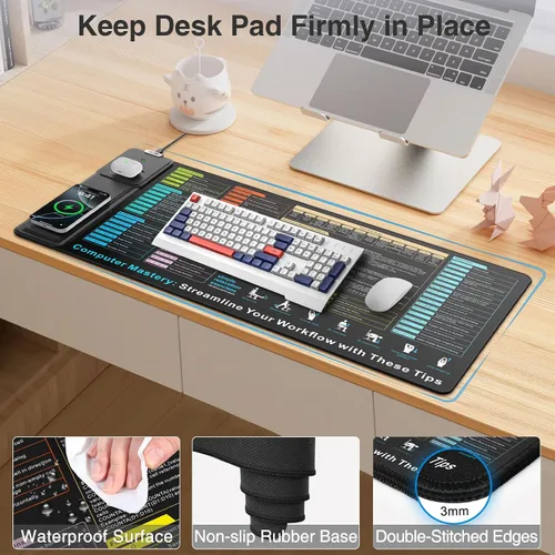 Vista 6 de Wireless Charging Mouse Pad with Foldable Phone Holder, 31.5"x15.8" XXL Excel Cheat Sheet Desk Mat for Laptop/Keyboard, Waterproof Ultra-Smooth