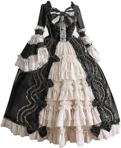Vista 12 de SHOPESSA Vestido victoriano para mujer, vestido de lolita francesa, disfraz de princesa, vestido renacentista, manga acampanada, corte de cosplay