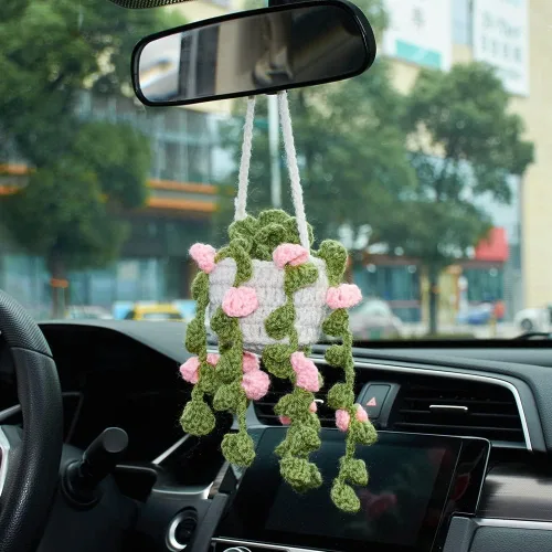Vista 16 de Colgante de cactus de ganchillo para espejo retrovisor de automóvil, plantas peludas, adorno colgante para decoración del interior del automóvil