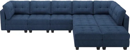 Vista 8 de Belffin Sofá modular en forma de L azul con almacenamiento, 9 asientos, algodón, firme, moderno
