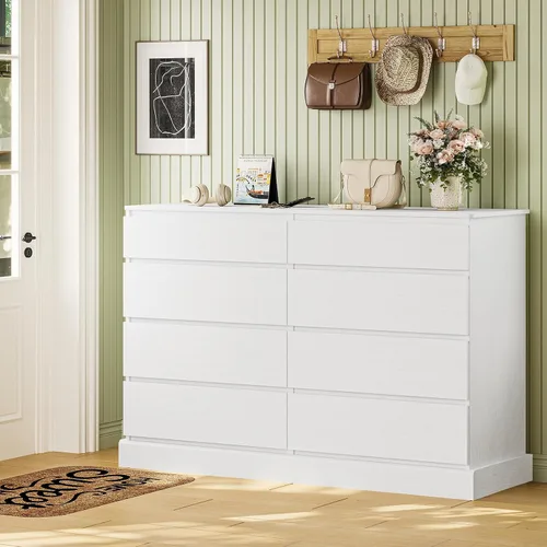 Vista 8 de Hasuit Cómoda Blanca para Dormitorio, Cómoda Larga con 8 Cajones, Cómodas de Madera de 51.5''W Cofre de 8 Cajones, Armario de Almacenamiento de Ropa