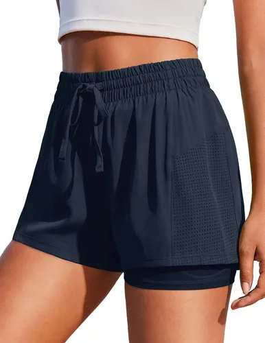 Vista 14 de PINSPARK - Pantalones cortos de cintura alta para mujer, de secado rápido, con bolsillo, para el gimnasio Negro
