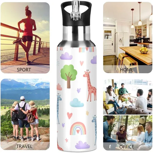 Vista 5 de BPA-Free Sports Water Bottle with Straw 32 Oz, Insulated Water Bottle for Gym Outdoor Travel School, Cute Giraffes