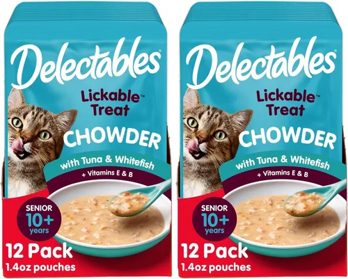 Vista 11 de Hartz Delectables Chowder - Golosinas húmedas para lamer para gatitos, gatos adultos y adultos mayores, pollo y atún, 1.4 onzas (paquete de 12)
