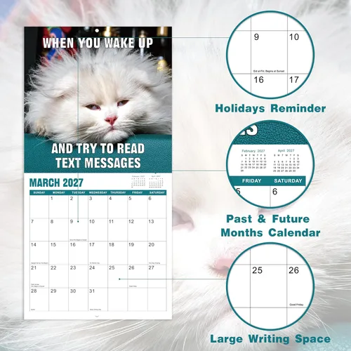 Vista 4 de Calendario de pared 2026 – enero 2026 – diciembre 2026, calendario divertido de gato 2026, calendario de 12 meses, fotos divertidas de memes