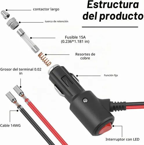 Vista 2 de Enchufe de encendedor de cigarrillos con interruptor Cable de extensión 12-24V enchufe universal con cable de 30 cm 15A para conexión