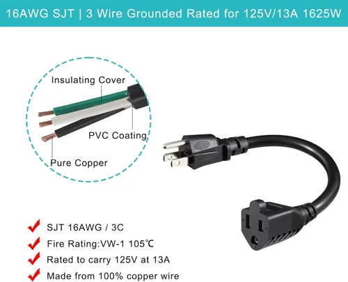 Vista 3 de [1 Pack] Cable de extensión de alimentación corto de 6 pulgadas - Cable de extensión de 3 clavijas mini negro para interiores con puesta a tierra