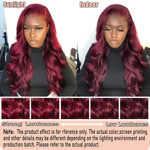 Vista 3 de 99J - Pelucas de cabello humano con encaje frontal transparente HD de 13 x 6 pulgadas, color burdeos, para mujer, densidad del 180%, color rojo