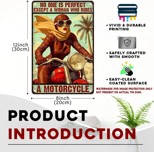 Vista 3 de ARTWALLURE Letrero de metal vintage de motocicletas con texto en inglés «Girl Biker No One is Perfect Except Woman Rides» para cafetería, bar