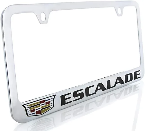 Vista 5 de Cadillac Escalade con marco de placa de matrícula de zinc con cresta y acabado negro brillante (4 agujeros)