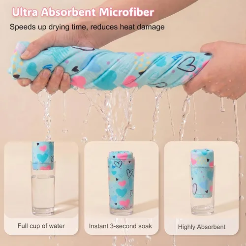 Vista 2 de Basumee Toalla Envolvente de Microfibra para el Cabello para Niños Paquete de 2 Toallas de Cabello de Secado Rápido con Botón Turbantes para Cabello
