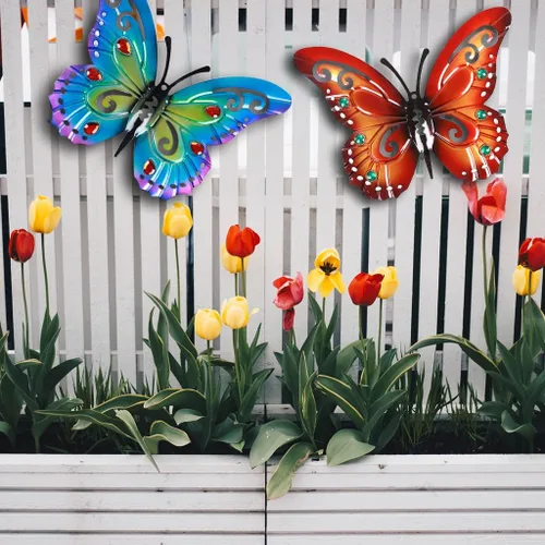 Vista 2 de 2 piezas de mariposas de metal para valla de patio, decoración de jardín, mariposa grande de 14 pulgadas para patio al aire libre, patio, balcón