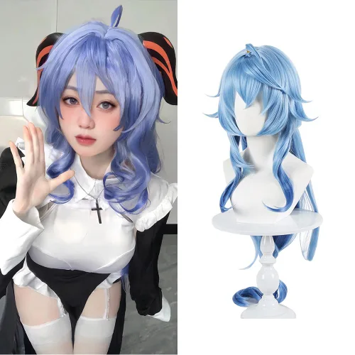Vista 2 de Ganyu Azul Peluca Cosplay Ganyu ropa Peluca Anime sintético con gorra de peluca (Ganyu)