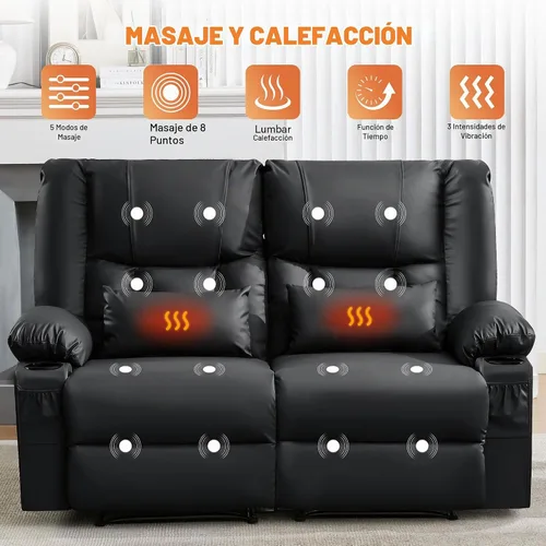 Vista 4 de HRVEOCEI Sofá reclinable de cuero negro con masaje/calor, sofá reclinable