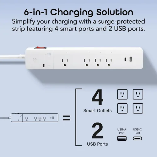 Vista 7 de Geeni Smart Surge Protector Power Strip, 4 tomacorrientes inteligentes y 2 puertos USB Puertos USB-A y USB-C, control de Wi-Fi y aplicaciones