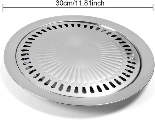Vista 2 de Sartén coreana para barbacoa para estufa, sartén redonda de acero inoxidable de 11.81 x 1.1 pulgadas, placa de parrilla de campamento