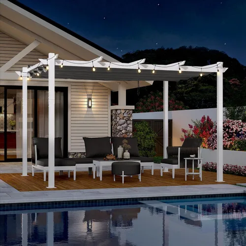 Vista 12 de PURPLE LEAF Pergola retráctil de 10 x 10 pies, pérgola blanca, toldo extra, azul marino