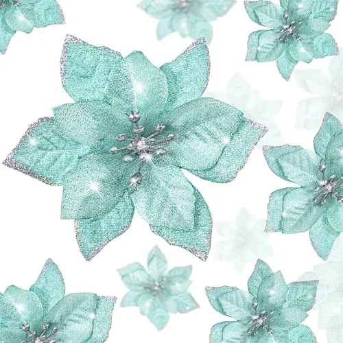 Vista 22 de WILLBOND 36 piezas de flores de Pascua navideñas de 3 tamaños para árbol de Navidad, flores falsas con purpurina, decoración, adornos de flor